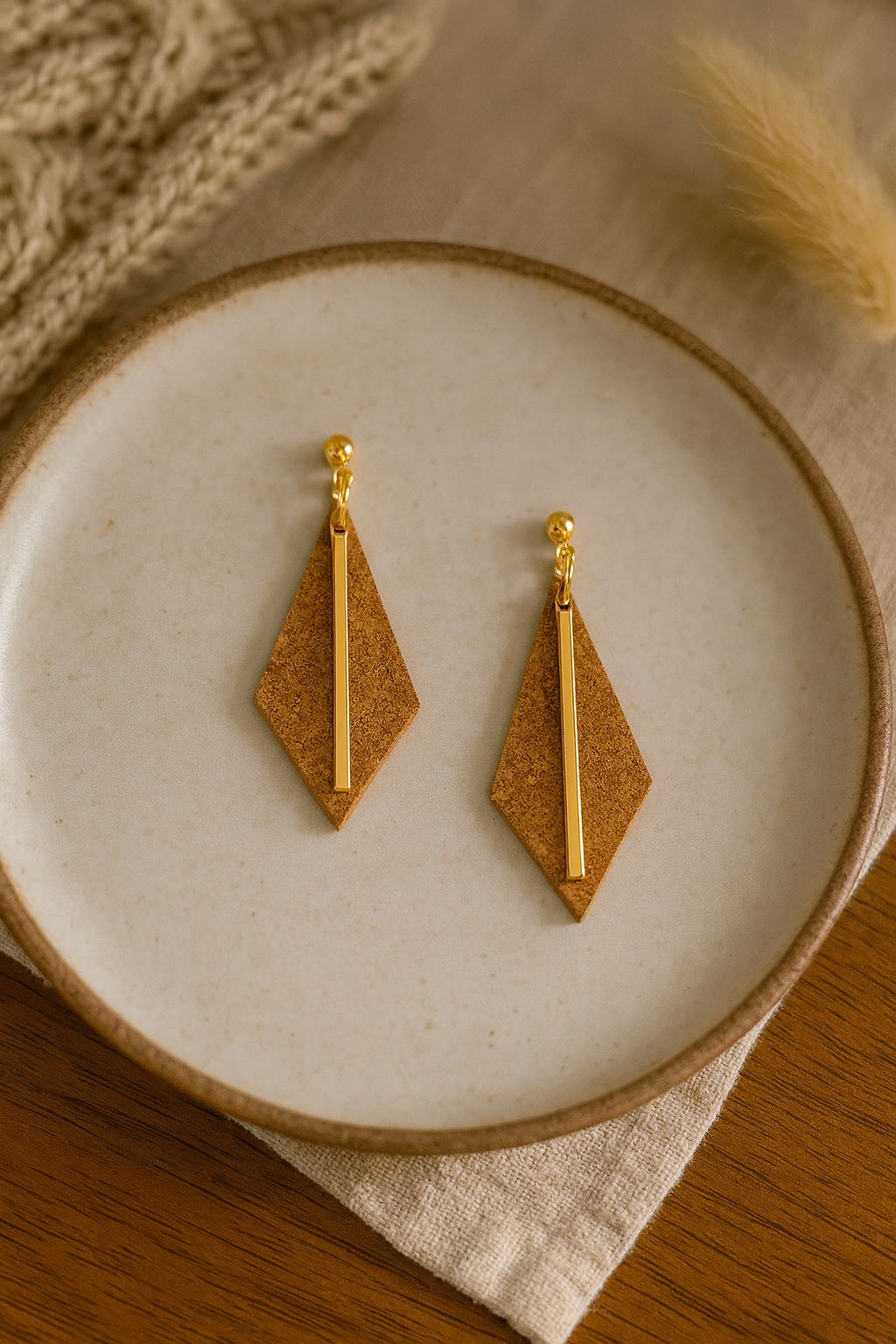 Ajuda Earrings handmade cork earrings with gold-tone stainless steel bar — Bella Cork Studio
