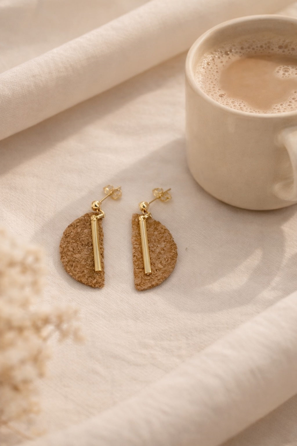 Alfama Earrings handmade cork earrings with gold-tone stainless steel bar — Bella Cork Studio