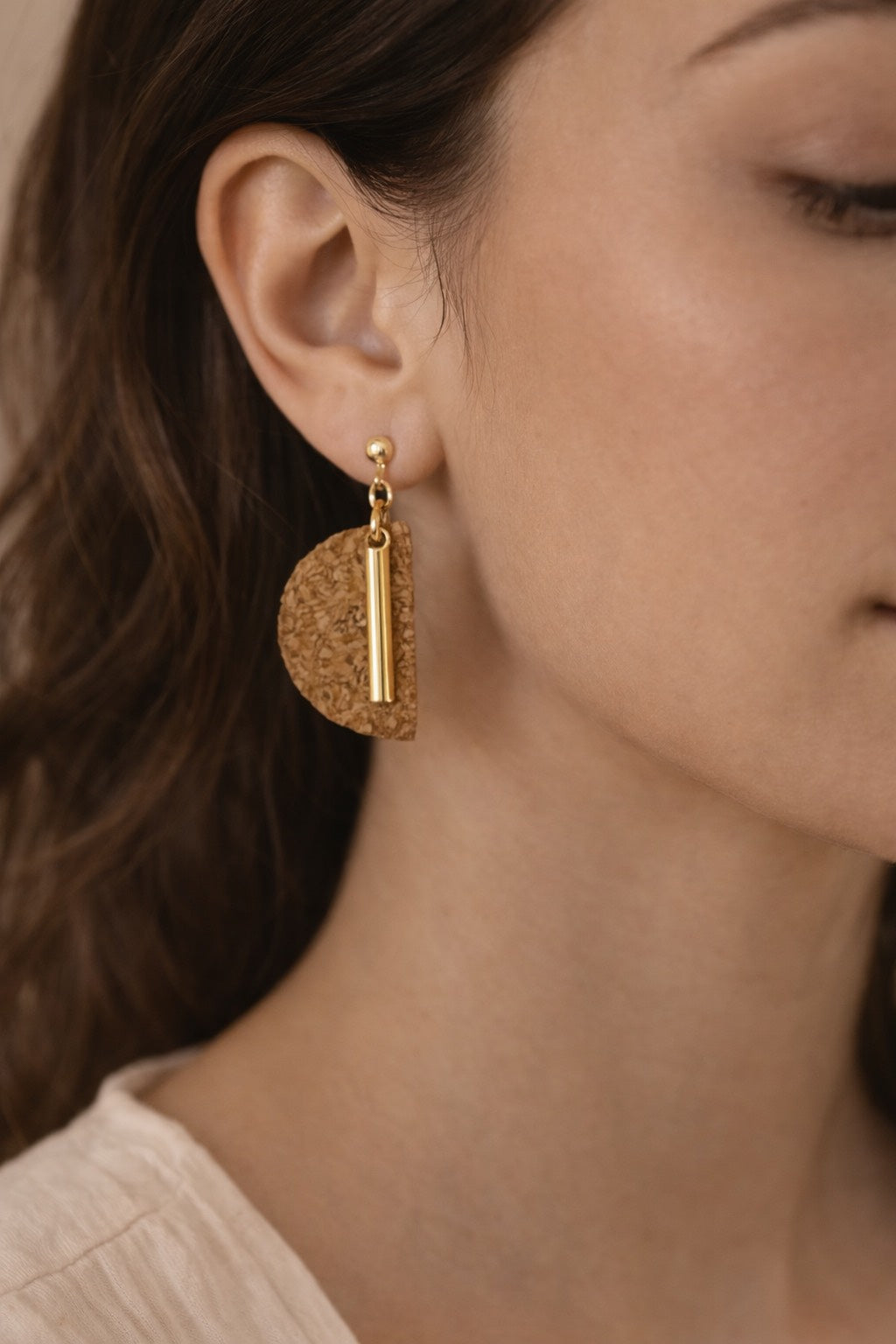 Alfama Earrings handmade cork earrings with gold-tone stainless steel bar — Bella Cork Studio