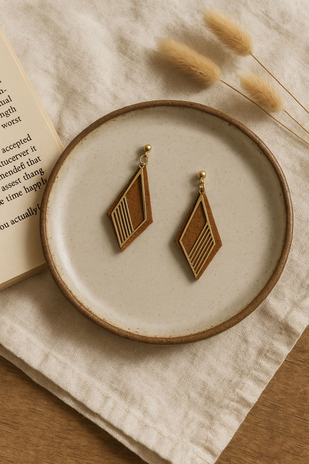 Belem Earrings handmade cork earrings with gold-tone stainless steel pendant — Bella Cork Studio