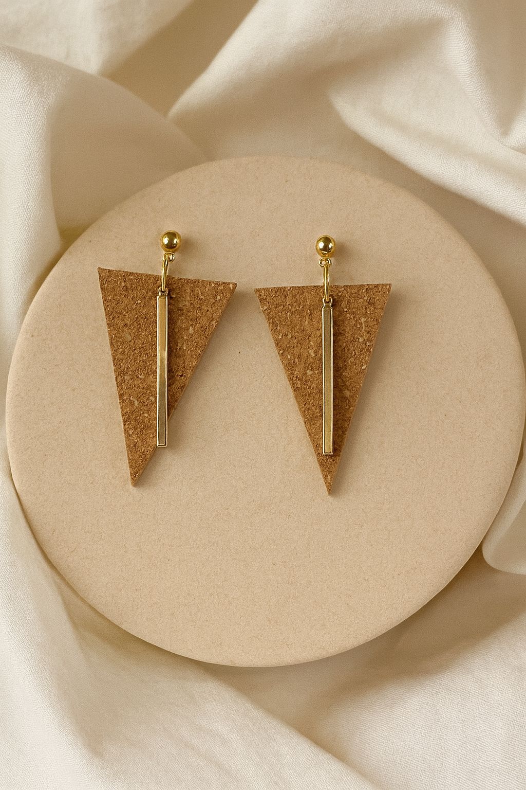 Chiado Earrings handmade cork earrings with gold-tone stainless steel bar — Bella Cork Studio