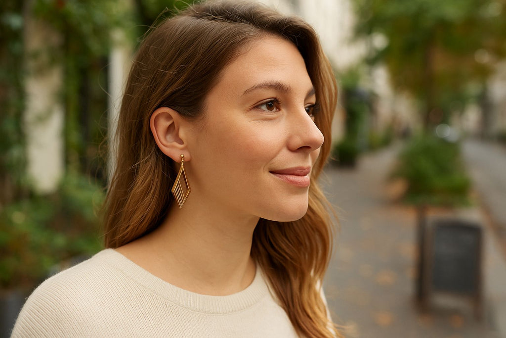 Belem Earrings handmade cork earrings with gold-tone stainless steel bar — Bella Cork Studio