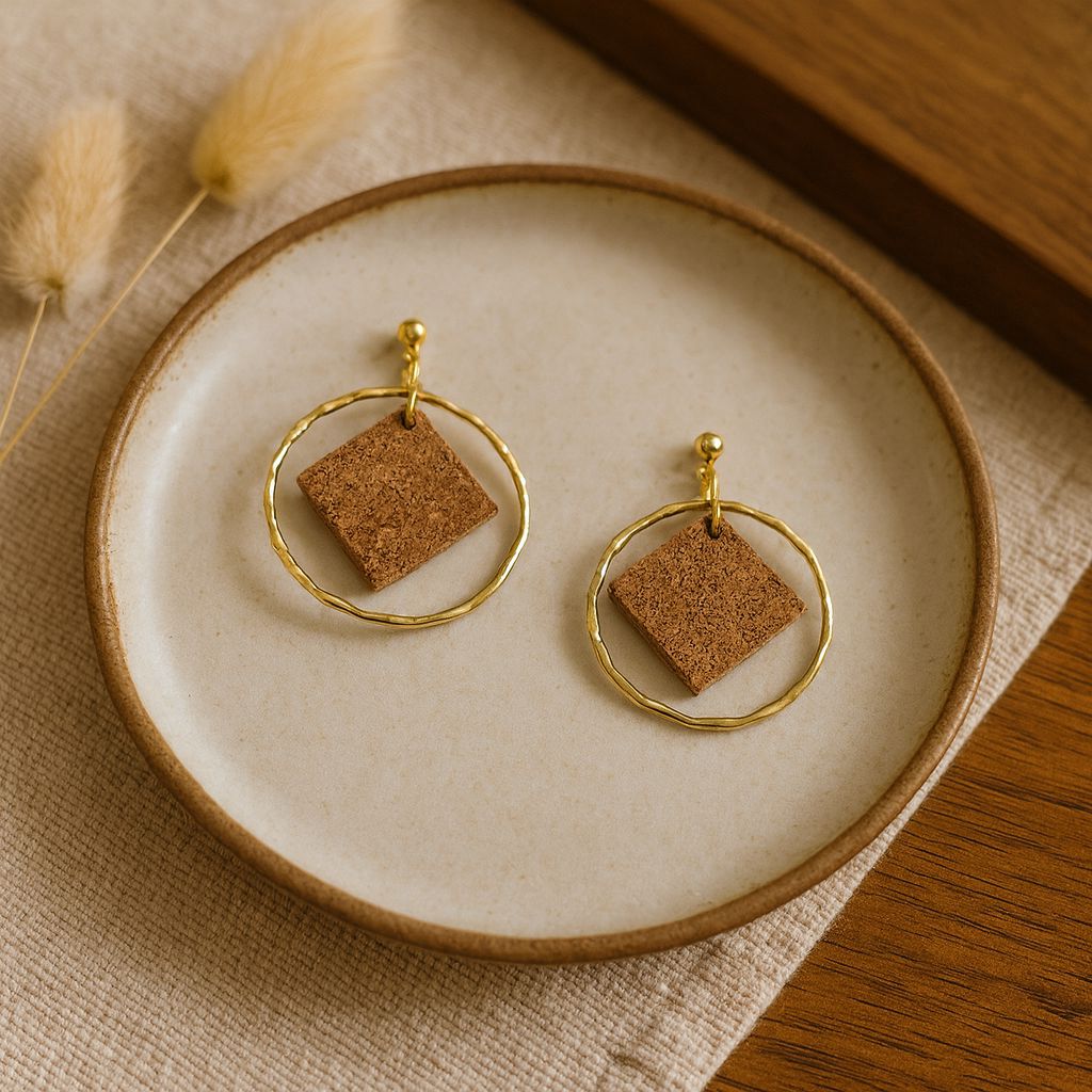 Estrela Earrings handmade cork earrings with gold-tone stainless steel circle pendant — Bella Cork Studio