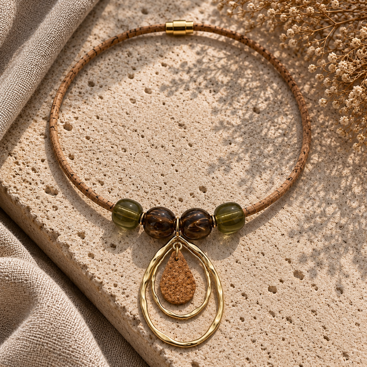 Fado Amber & Olive Cork Drop Necklace