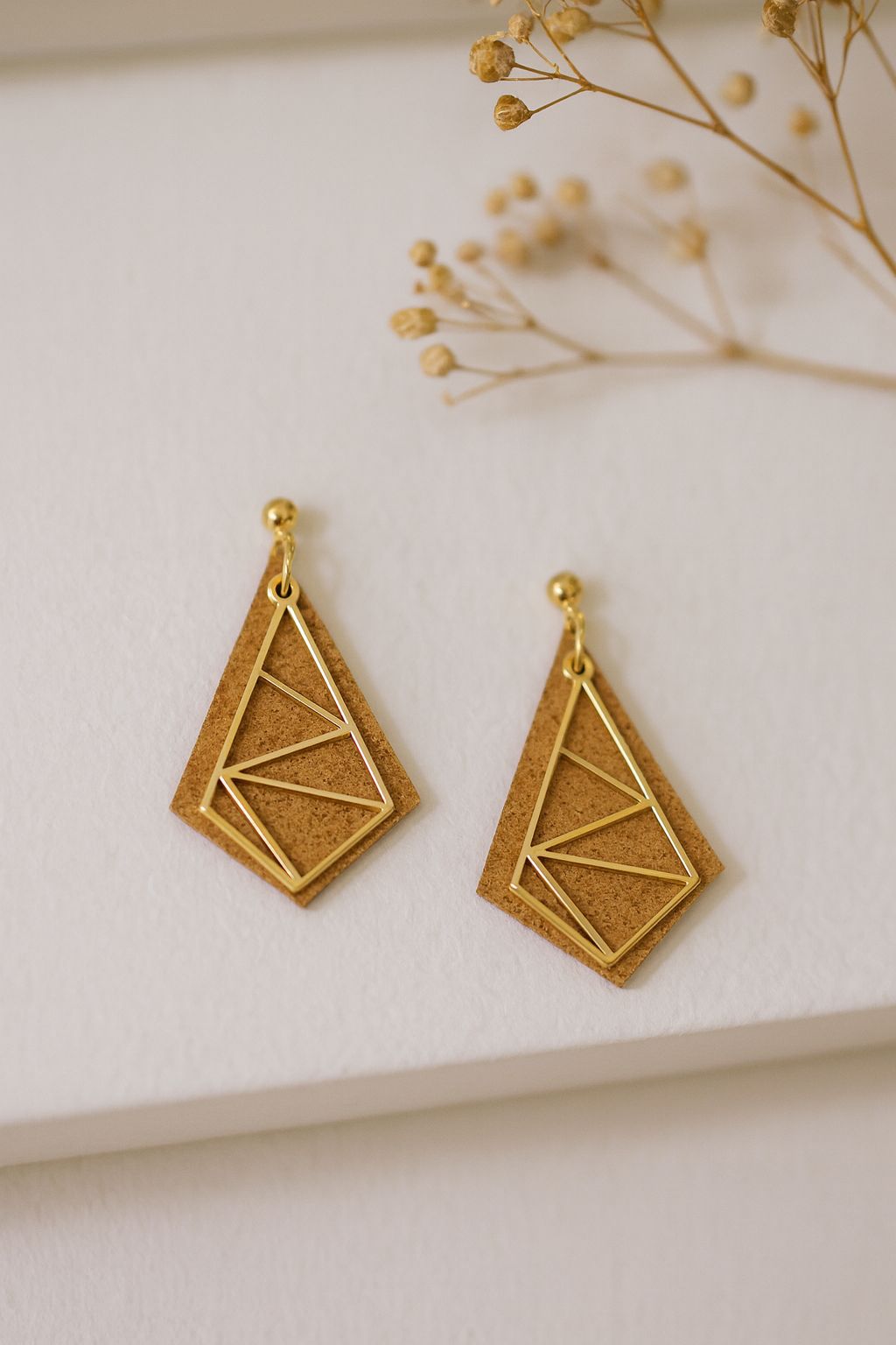 Graca Earrings handmade cork earrings with gold-tone stainless steel bar — Bella Cork Studio