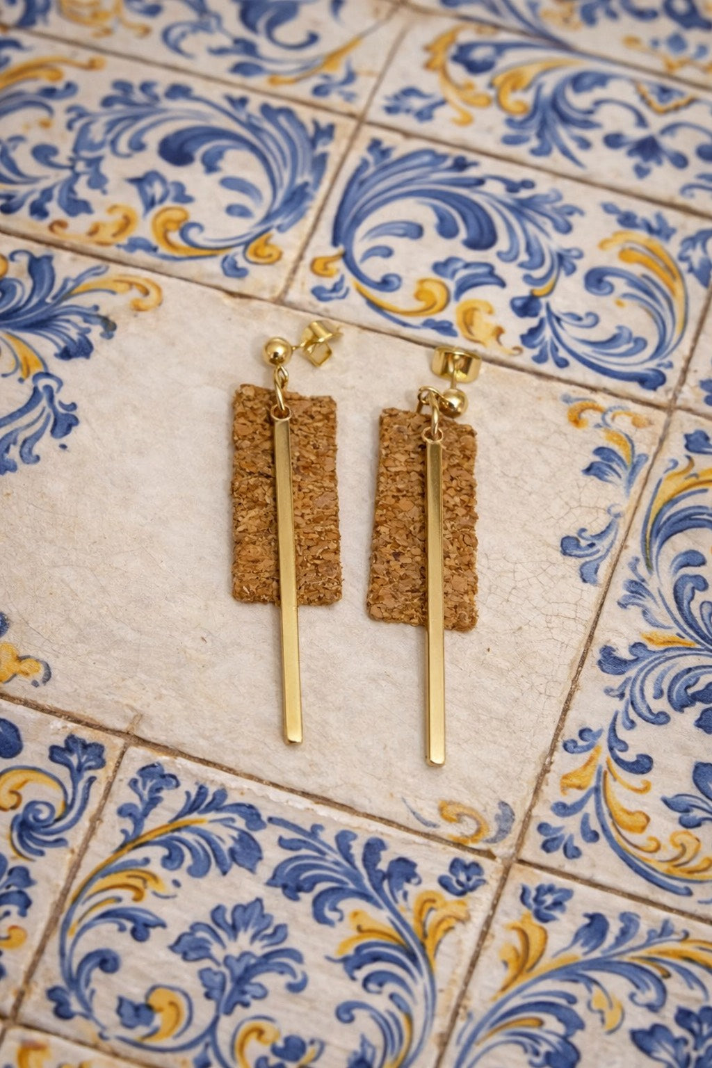 Lisboa Cork Drops Earrings handmade cork earrings with gold-tone stainless steel bar — Bella Cork Studio