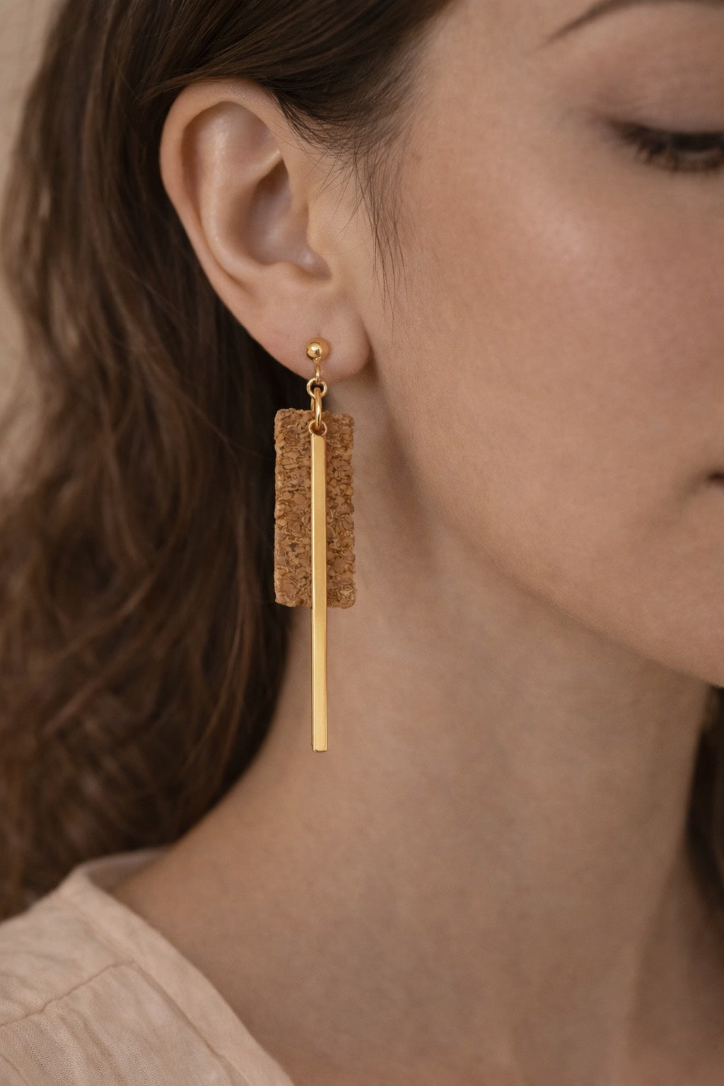 Lisboa Cork Drops Earrings handmade cork earrings with gold-tone stainless steel bar — Bella Cork Studio