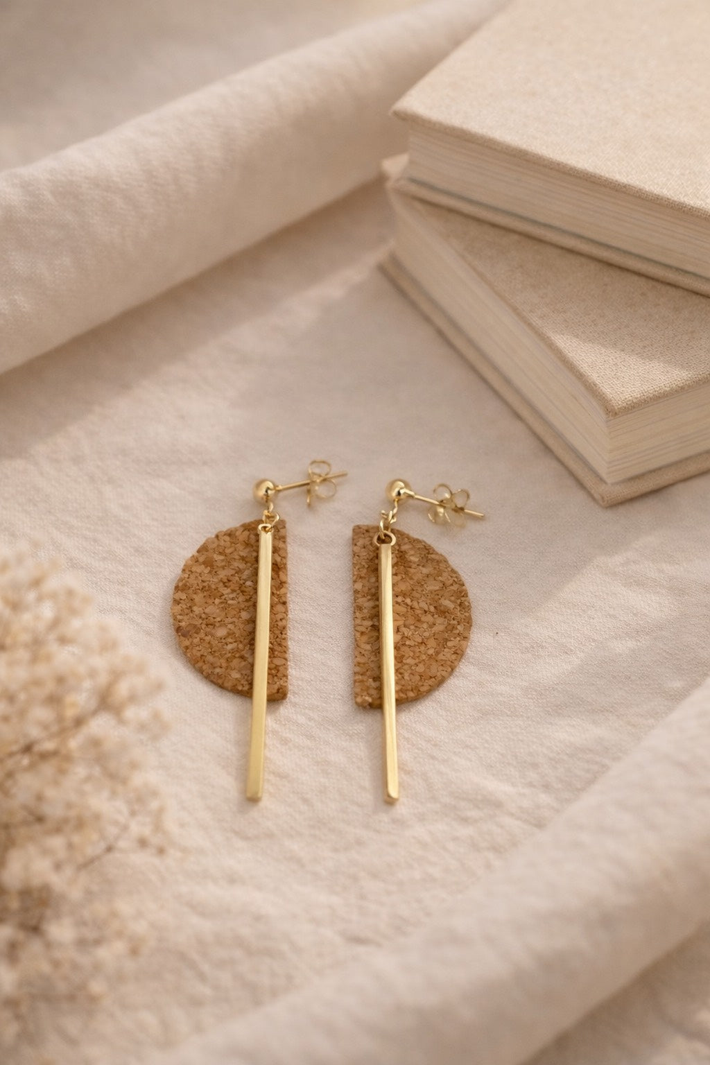Miradouro Earrings handmade cork earrings with gold-tone stainless steel bar — Bella Cork Studio