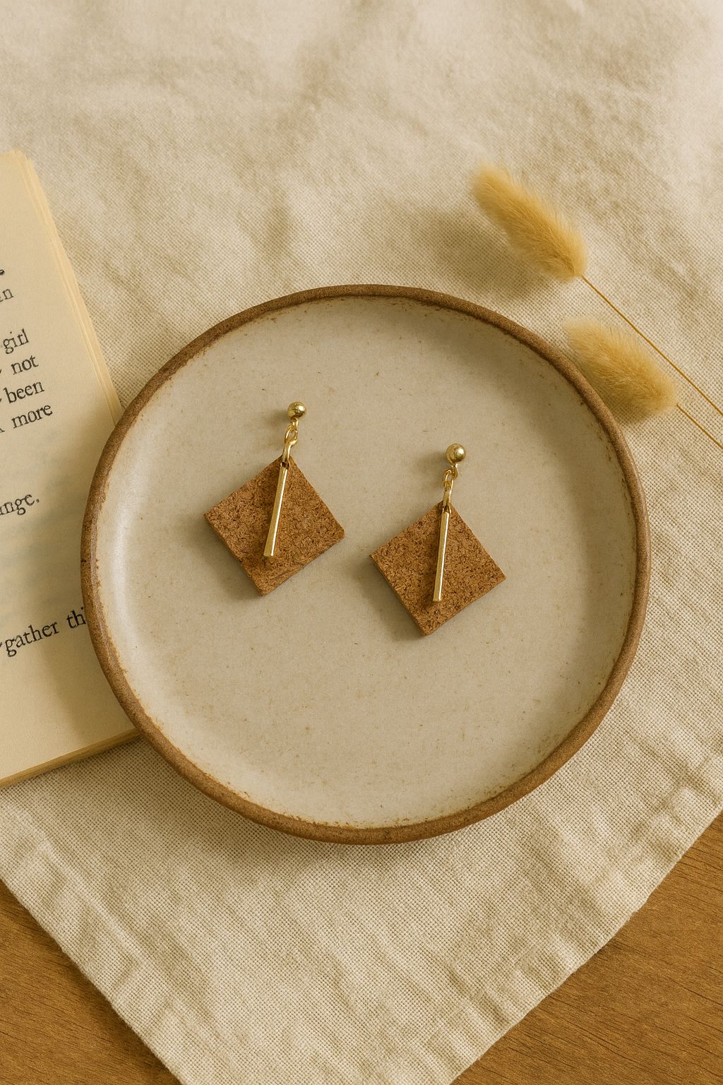 Mouraria Earrings handmade cork earrings with gold-tone stainless steel bar — Bella Cork Studio