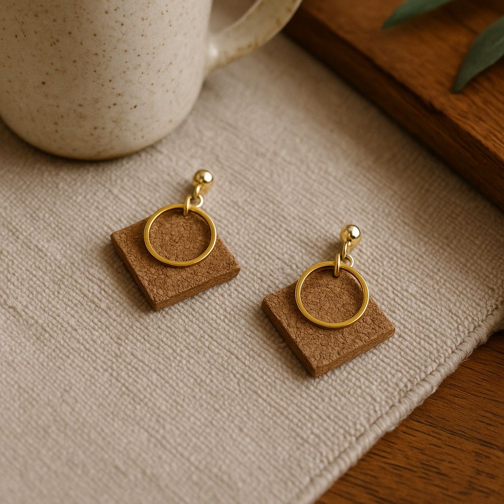 Tejo Earrings handmade cork earrings with gold-tone stainless steel pendant — Bella Cork Studio